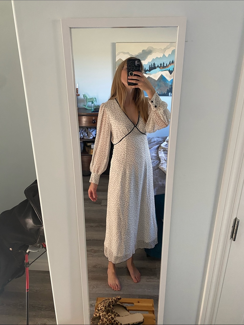 White Long Sleeve Polka Dot Dress with Black Piping